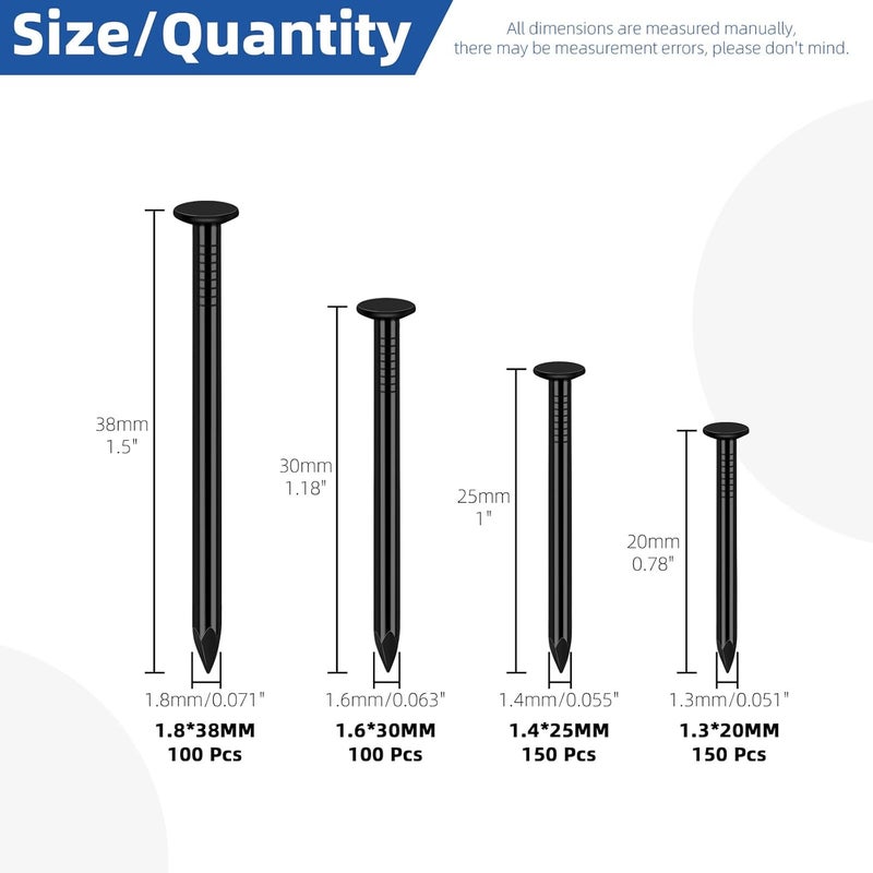 Glarks 500pcs 3/4’’ 1’’ 1-3/16’’ 1-1/2’’ Length Nail Assortment Kit, Black Hanging Nails, Finishing Nails, Wall Nails, Wood Nails, Common Nails, Hardware Nails for Picture Wall Hanging - Image 2